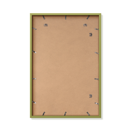 Back of khaki green 24x36 in frame with hanging hardware