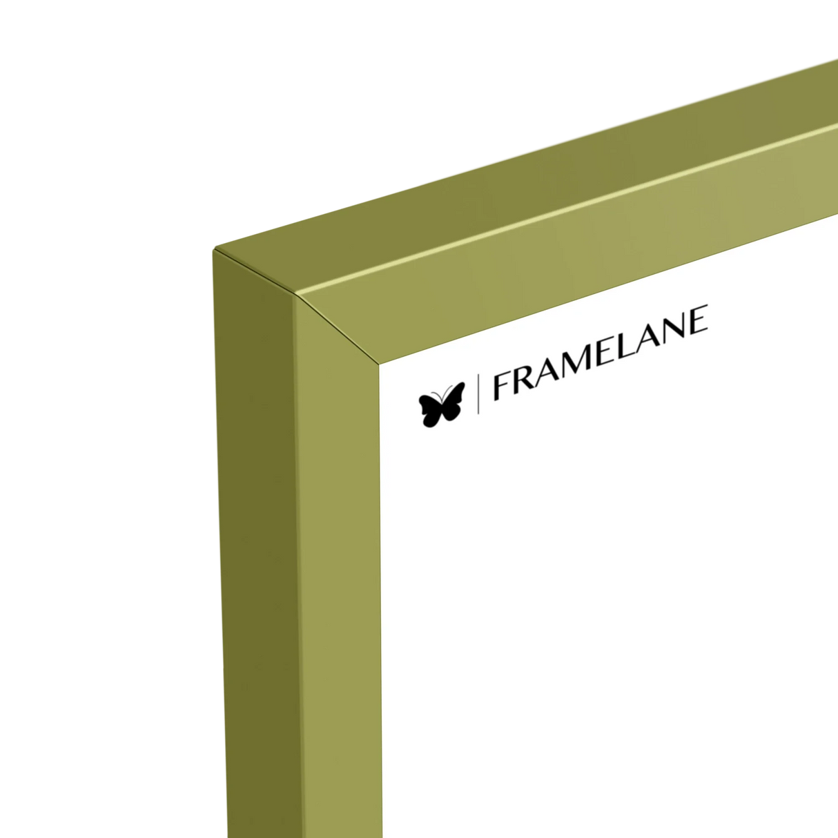 Khaki green frame corner detail showing painted solid wood finish