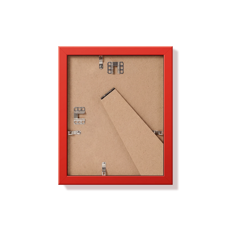 Back of red 8x10 in frame with hanging hardware