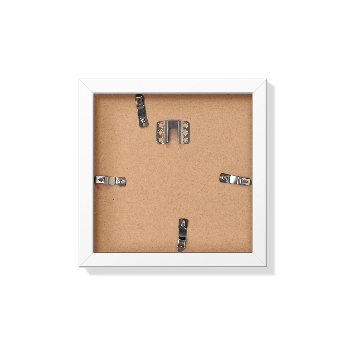 Back of white 8x8 in frame with hanging hardware
