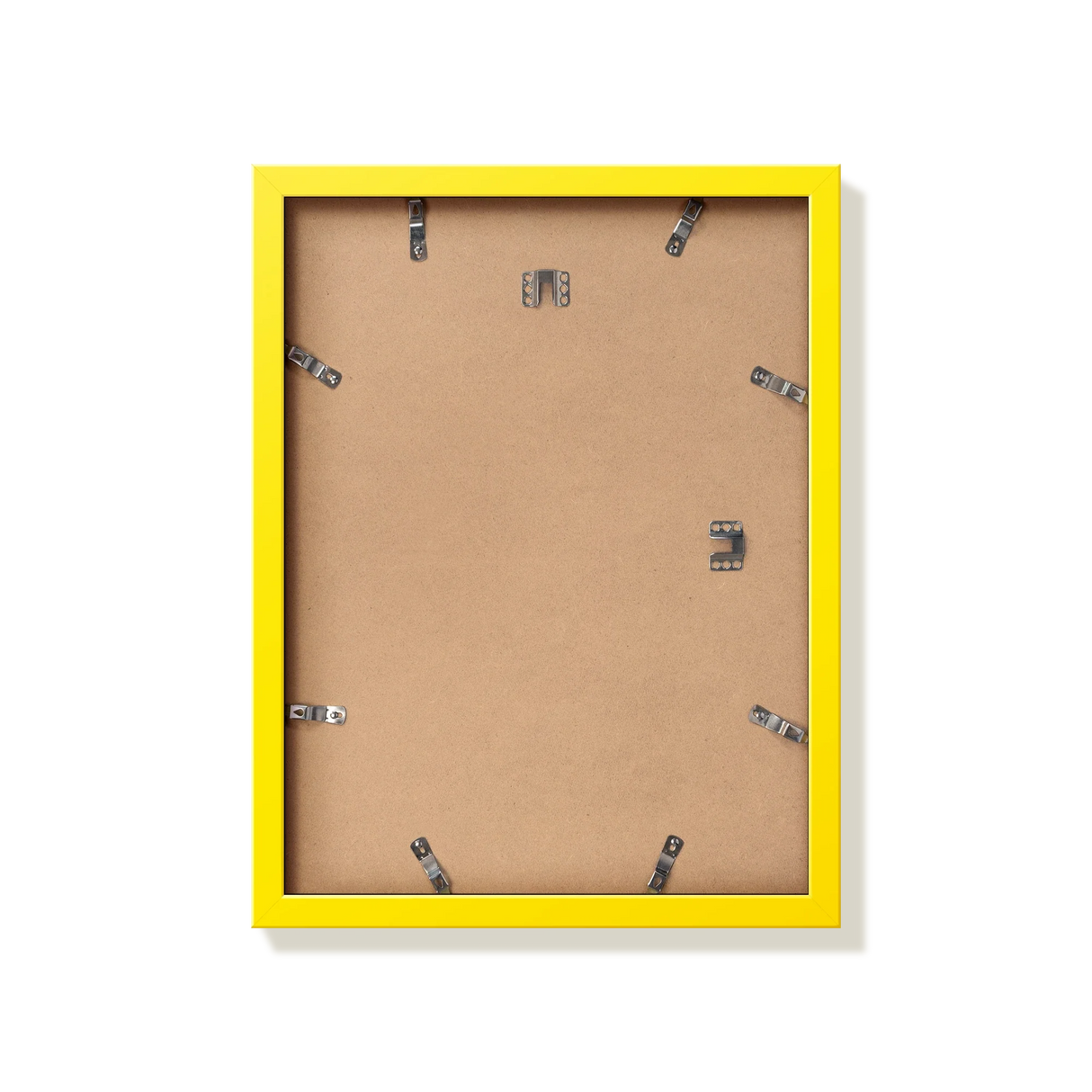 Back of yellow 12x16 in picture frame showing the hangers