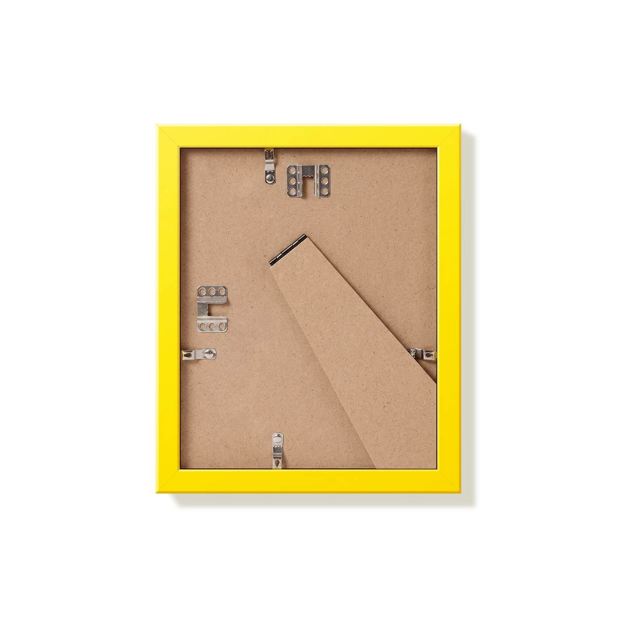 Back of yellow 8x10 in picture frame showing the hangers