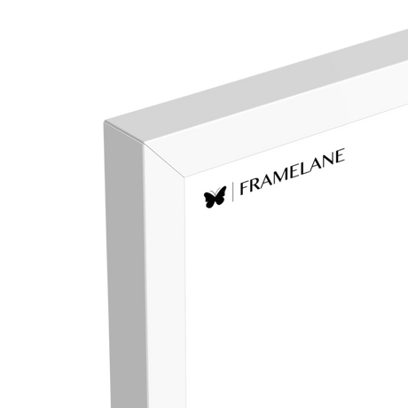 White picture frame, top corner, with the Framelane logo on the insert