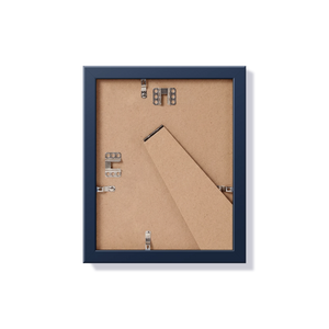 Back of blue 8x10 in frame with hanging hardware