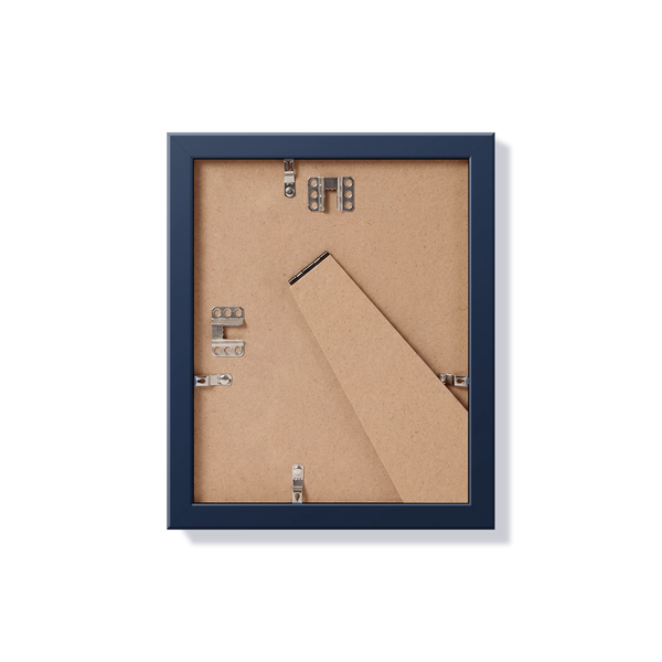 Back of blue 8x10 in frame with hanging hardware