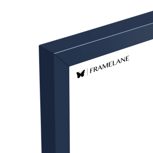 Blue frame corner detail showing painted solid wood finish
