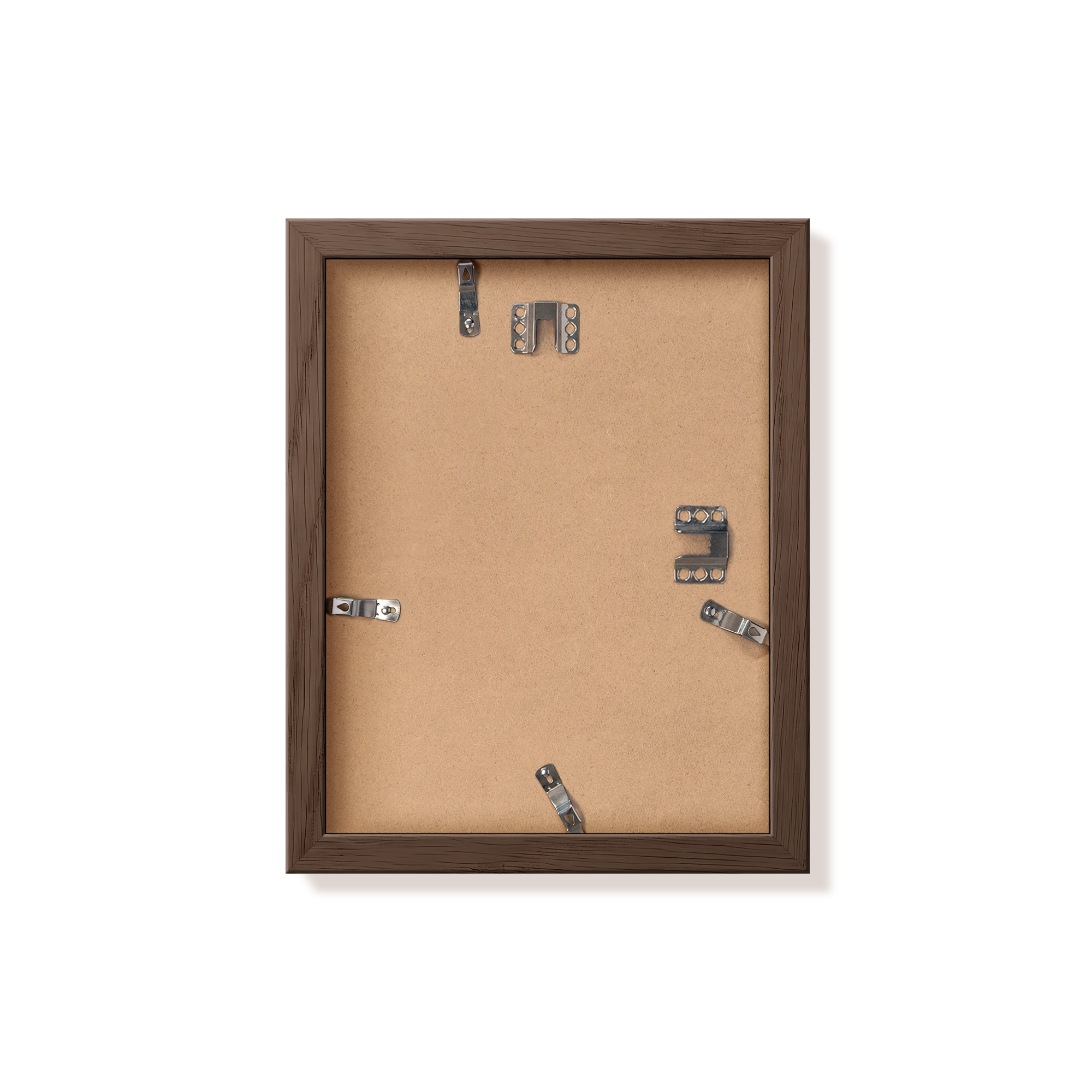 Back of dark oak 8.5x11 in frame with hanging hardware