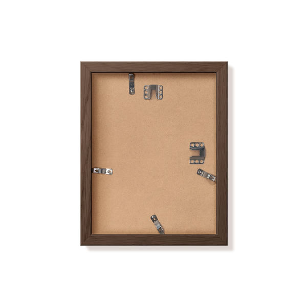 Back of dark oak 8.5x11 in frame with hanging hardware