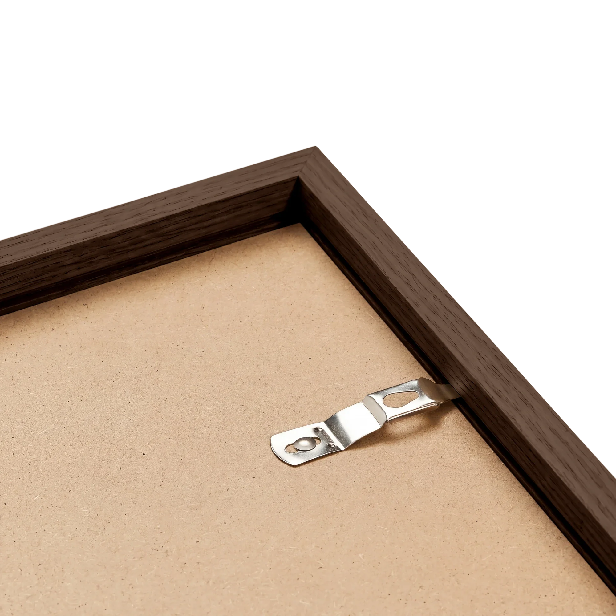 Dark oak frame back corner showing wood grain and hardware