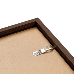 Dark oak frame back corner showing wood grain and hardware