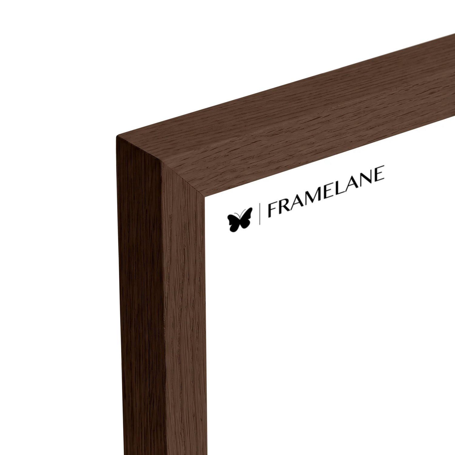 Dark oak frame corner detail showing solid wood grain