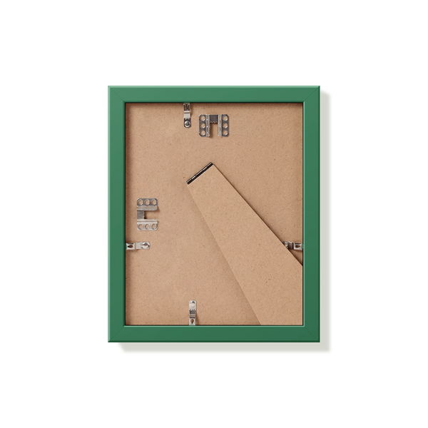 Back of forest green 8x10 in frame with hanging hardware