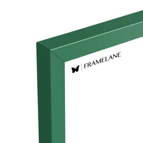 Forest green frame corner detail showing painted solid wood finish