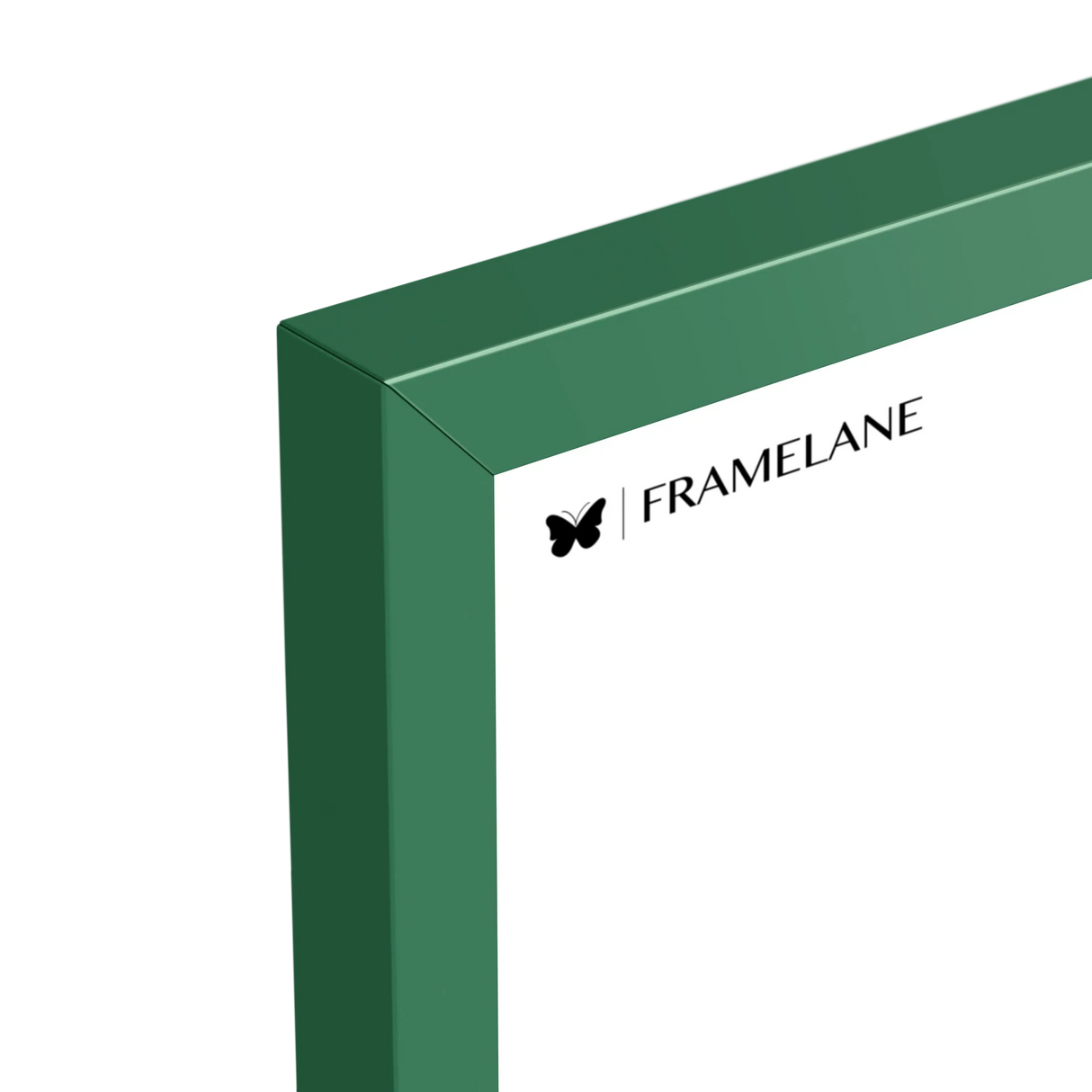 Forest green frame corner detail showing painted solid wood finish