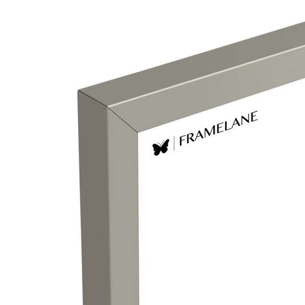 Gray frame corner detail showing painted solid wood finish