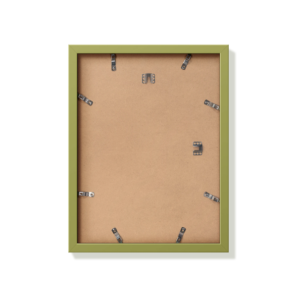 Back of khaki green 12x16 in frame with hanging hardware