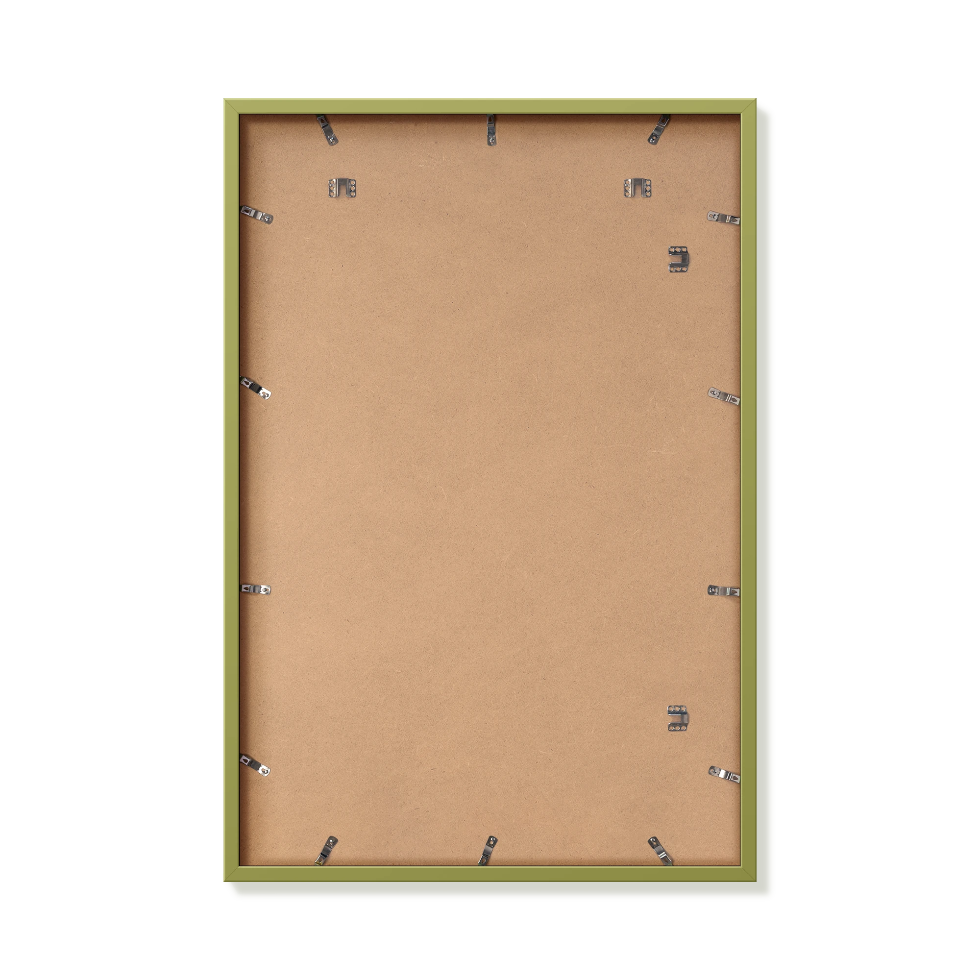 Back of khaki green 24x36 in frame with hanging hardware