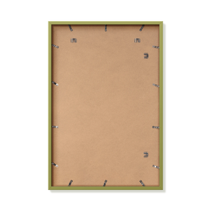 Back of khaki green 24x36 in frame with hanging hardware