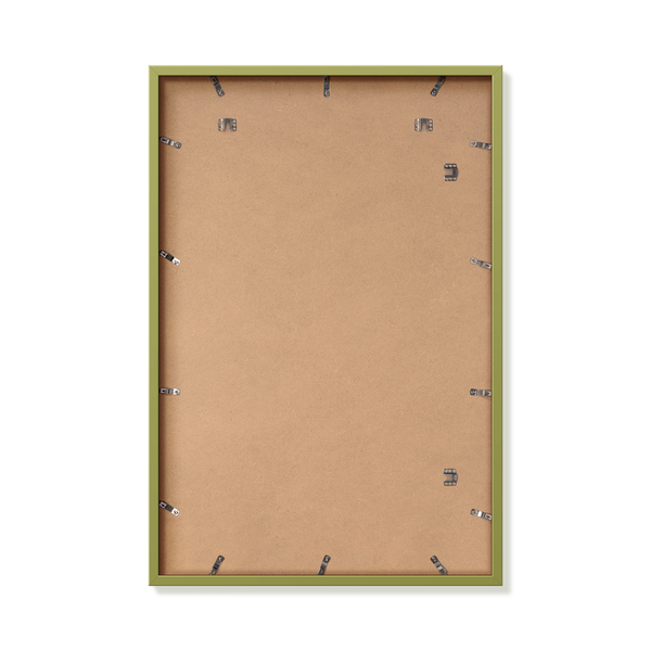 Back of khaki green 24x36 in frame with hanging hardware