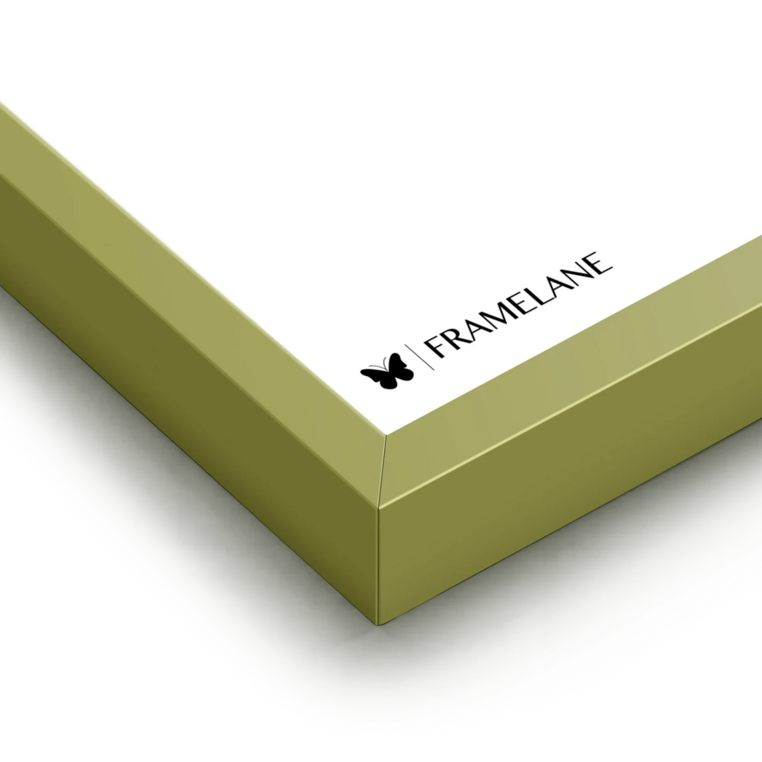 Khaki green frame corner detail showing painted solid wood finish