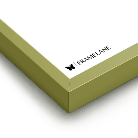 Khaki green frame corner detail showing painted solid wood finish