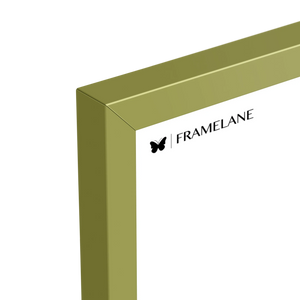 Khaki green frame corner detail showing painted solid wood finish