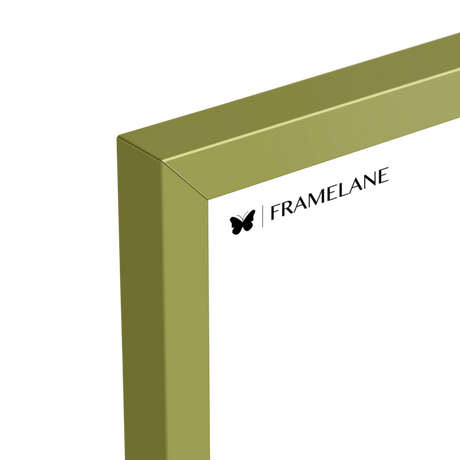 Khaki green frame corner detail showing painted solid wood finish