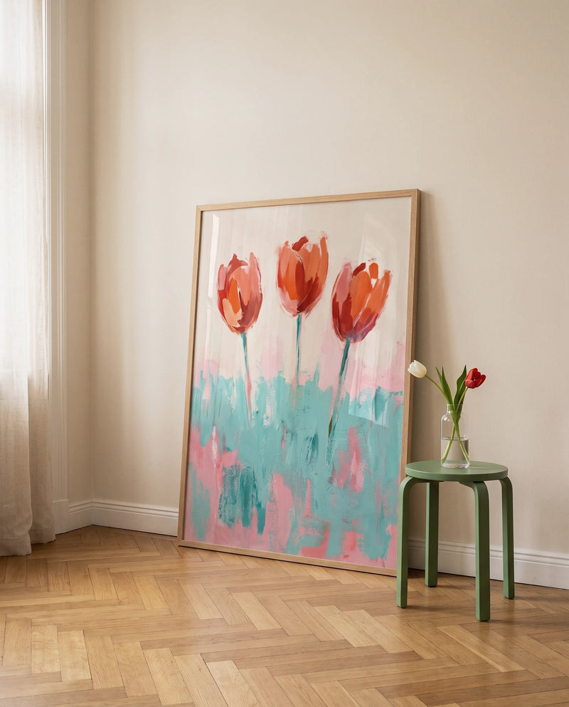 Framelane natural oak 28x40 in | 71x102 cm picture frame with a tulip painting leaning against a cream wall