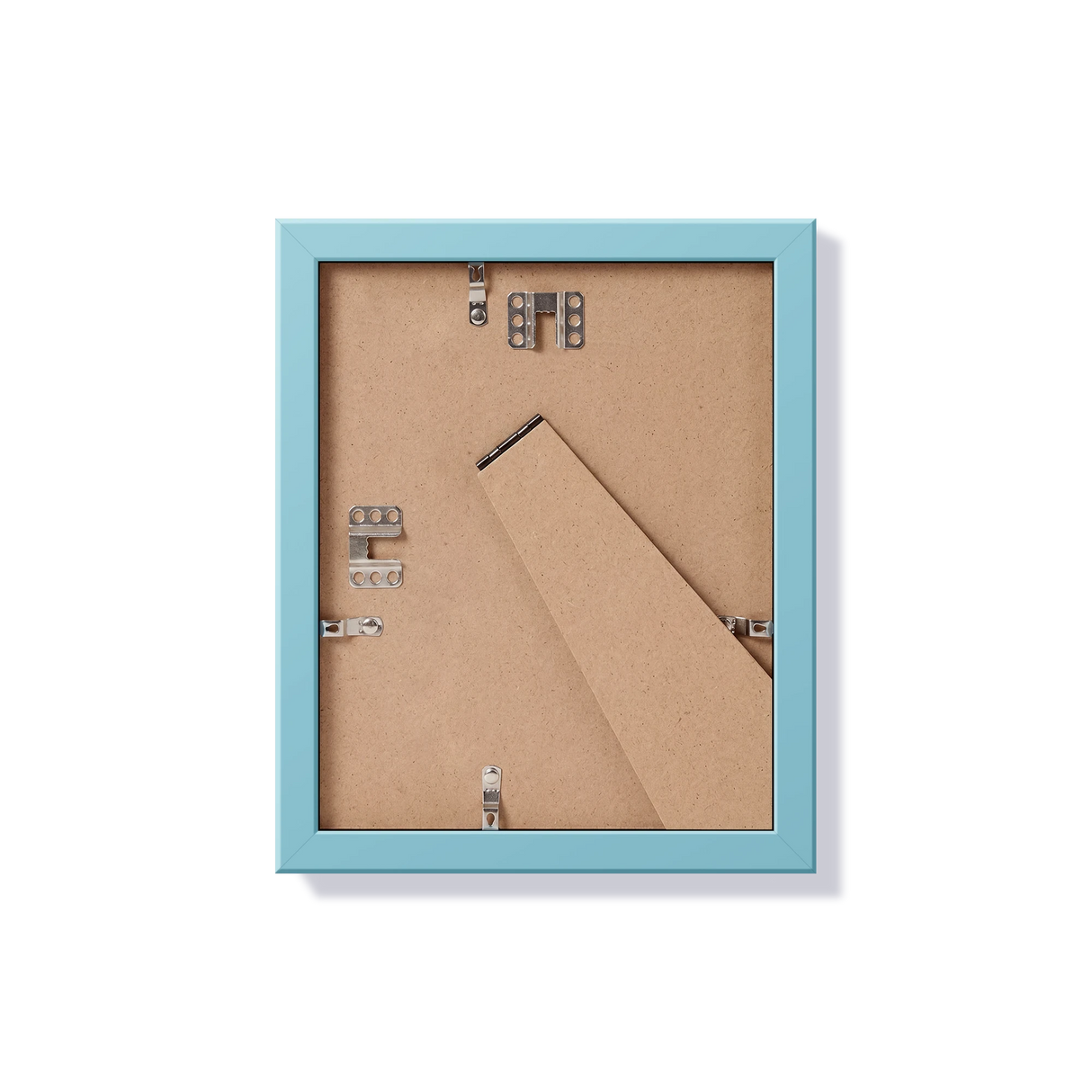 Back of light blue 8x10 in frame with hanging hardware