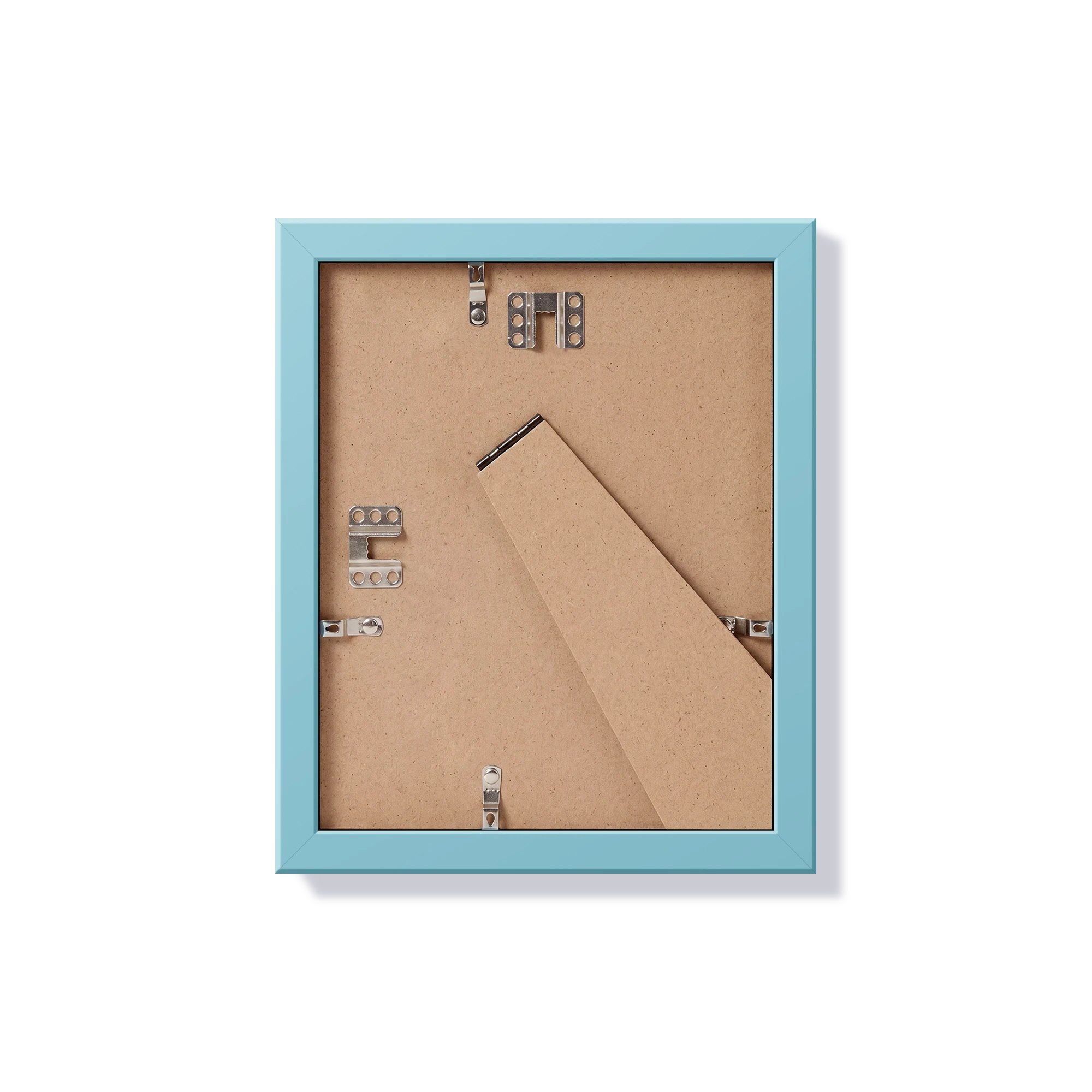 Back of light blue 8x10 in frame with hanging hardware