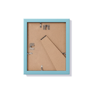 Back of light blue 8x10 in frame with hanging hardware