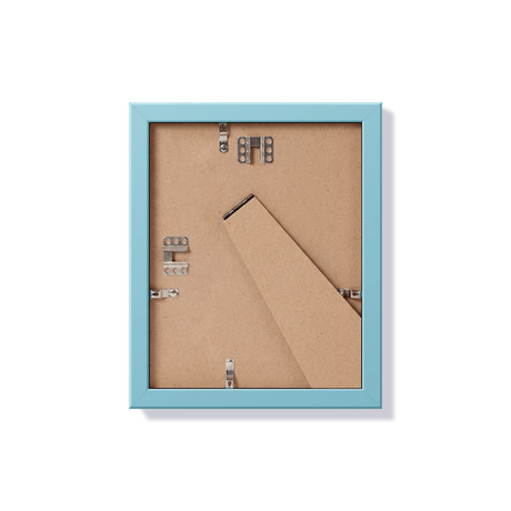 Back of light blue 8x10 in frame with hanging hardware