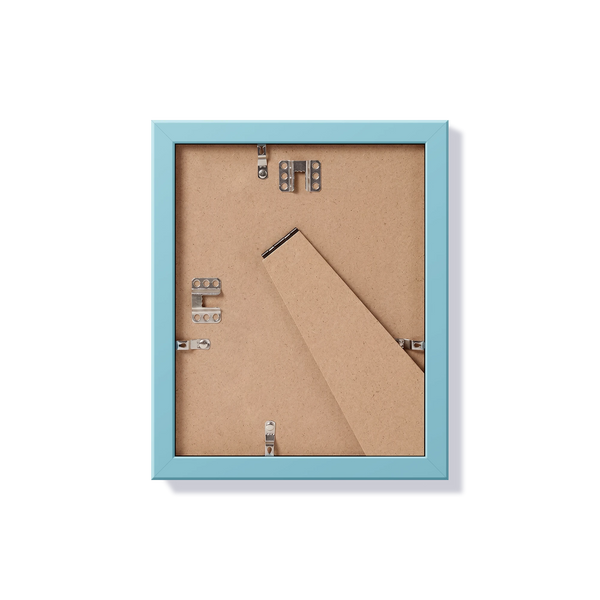 Back of light blue 8x10 in frame with hanging hardware