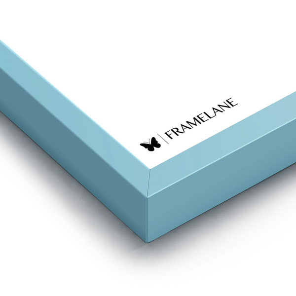 Light blue frame corner detail showing painted solid wood finish