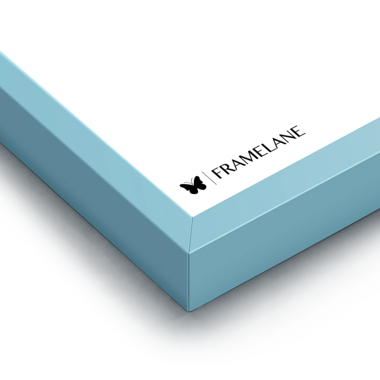 Light blue frame corner detail showing painted solid wood finish