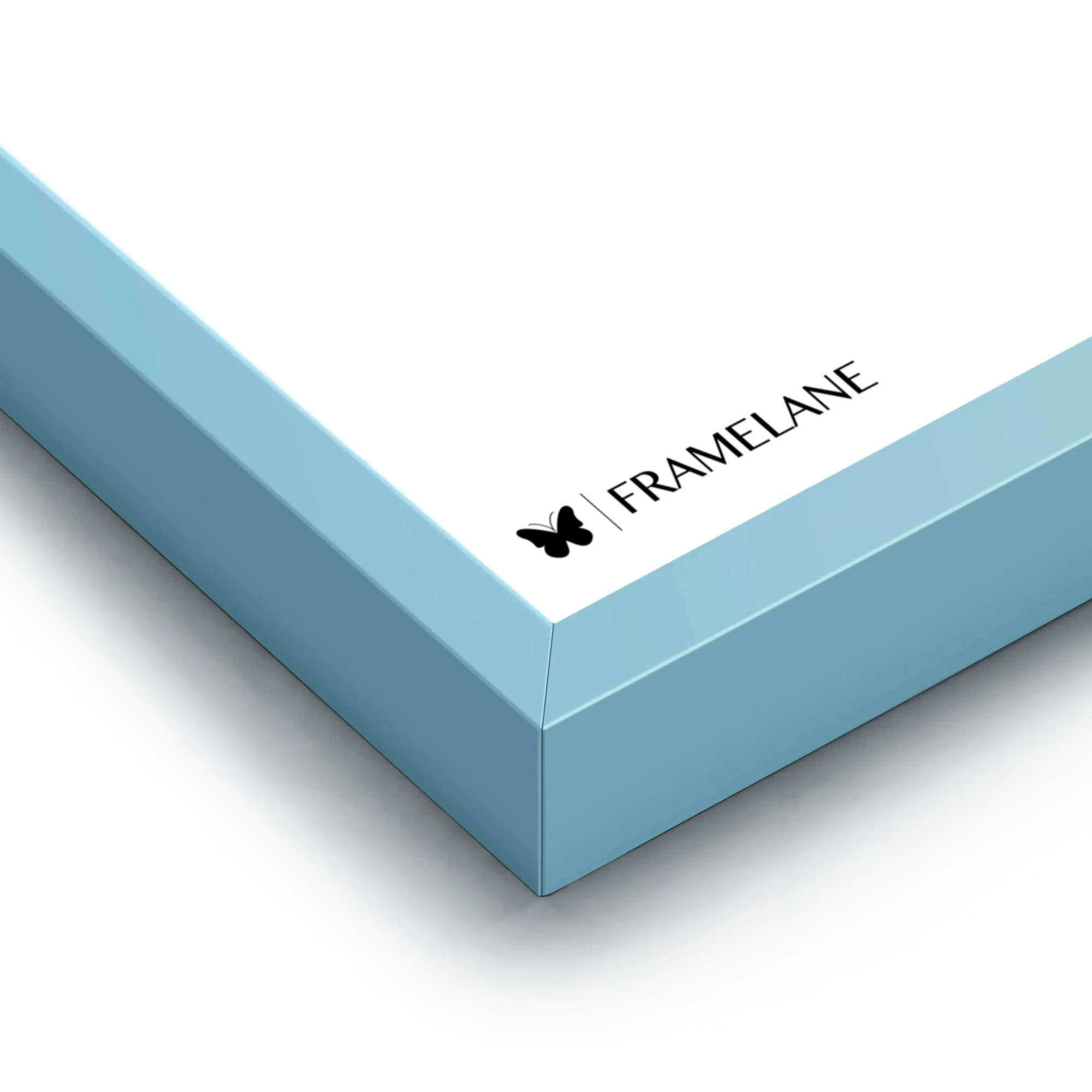 Light blue frame corner detail showing painted solid wood finish