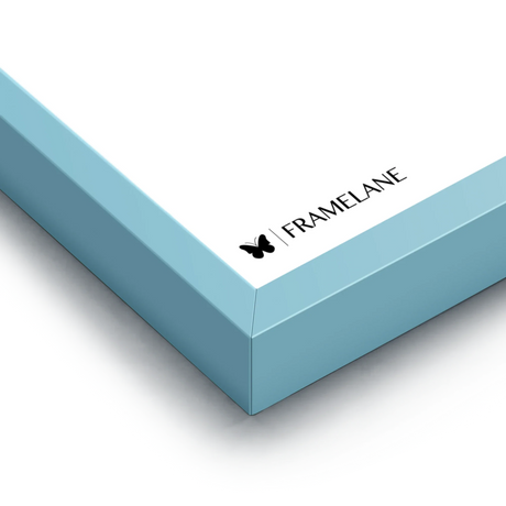 Light blue frame corner detail showing painted solid wood finish