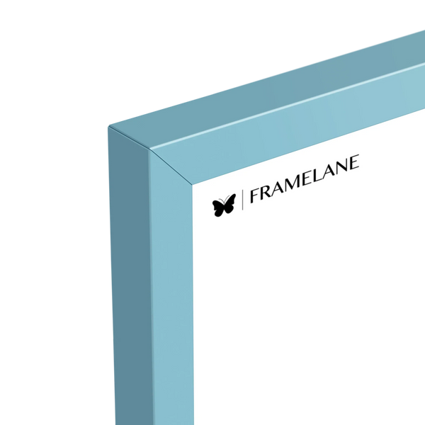 Light blue frame corner detail showing painted solid wood finish