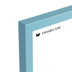 Light blue frame corner detail showing painted solid wood finish