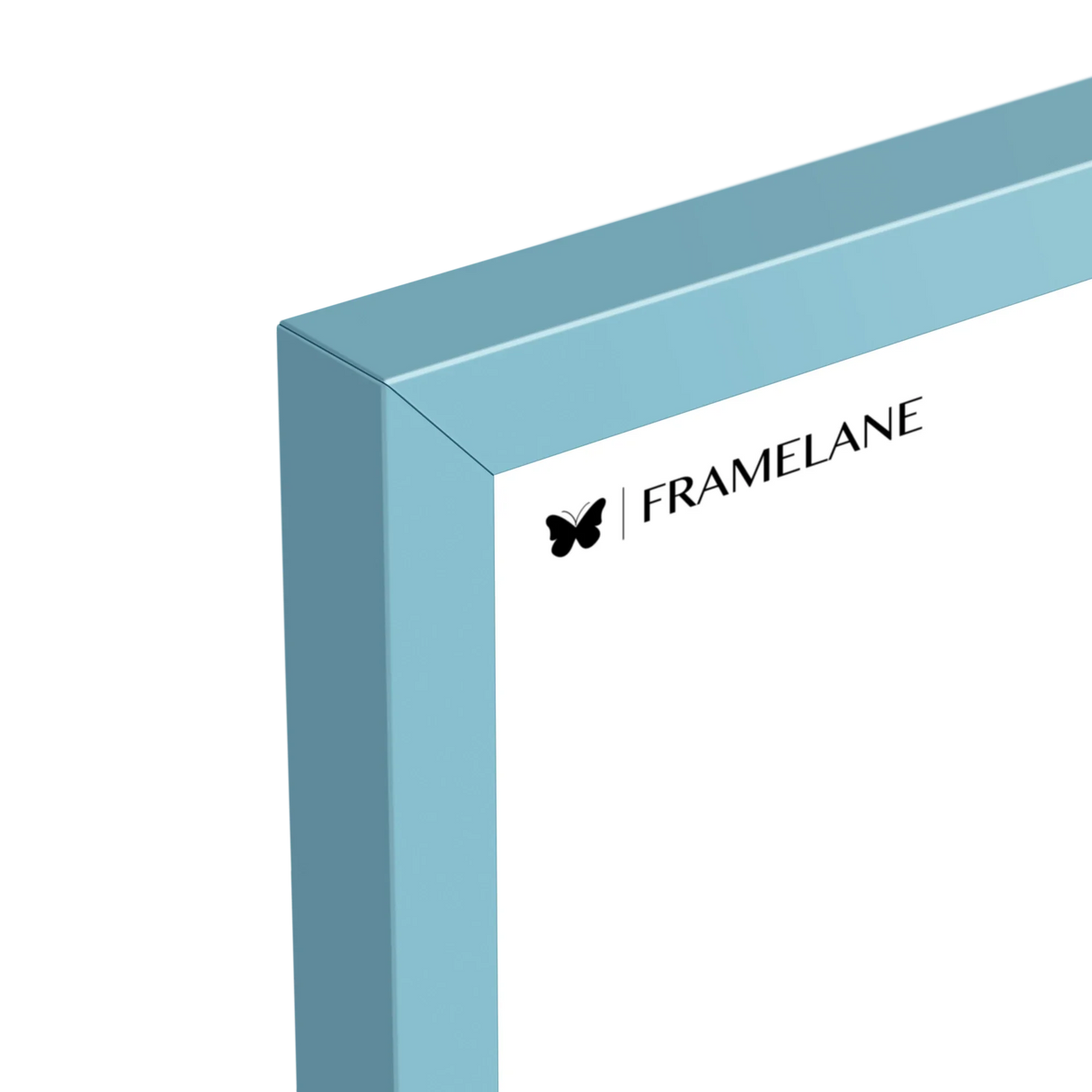 Light blue frame corner detail showing painted solid wood finish