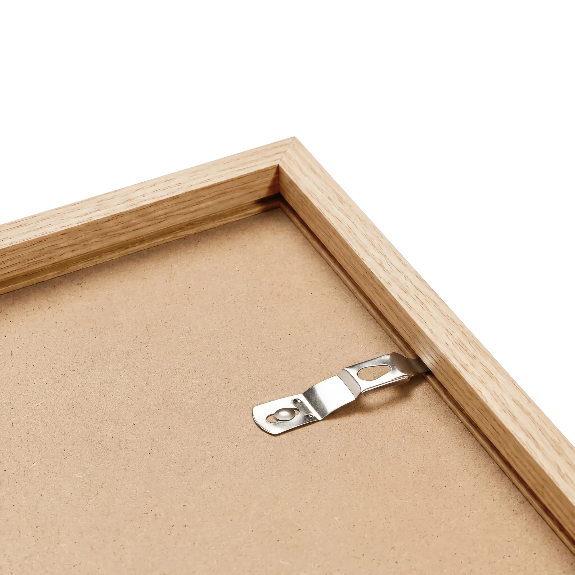 Natural oak frame back corner showing solid wood grain and hardware