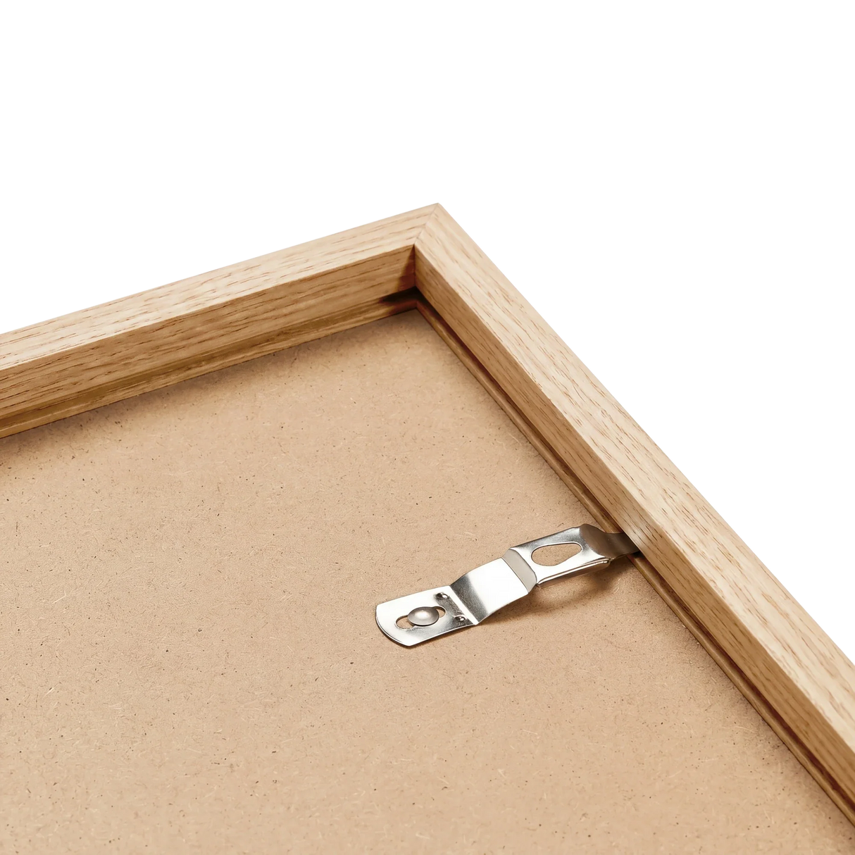 Natural oak frame back corner showing solid wood grain and hardware