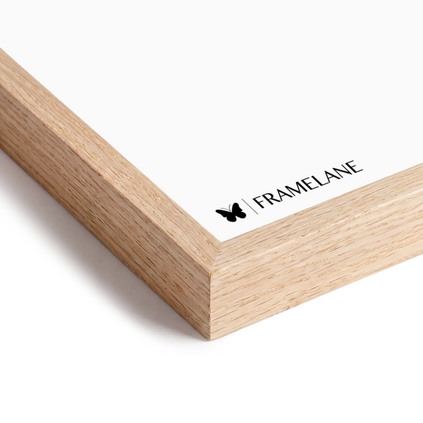Natural oak frame corner detail showing solid wood grain