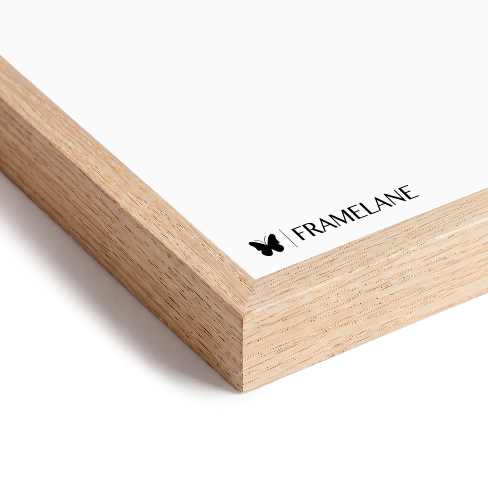 Natural oak frame corner detail showing solid wood grain