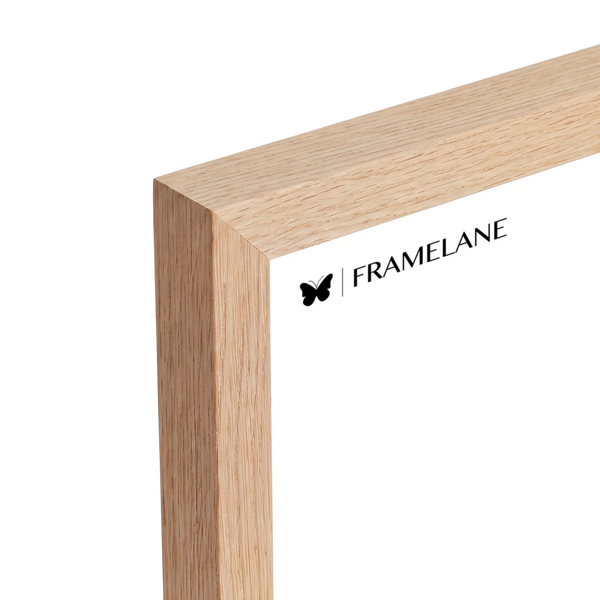 Natural oak frame corner detail showing solid wood grain