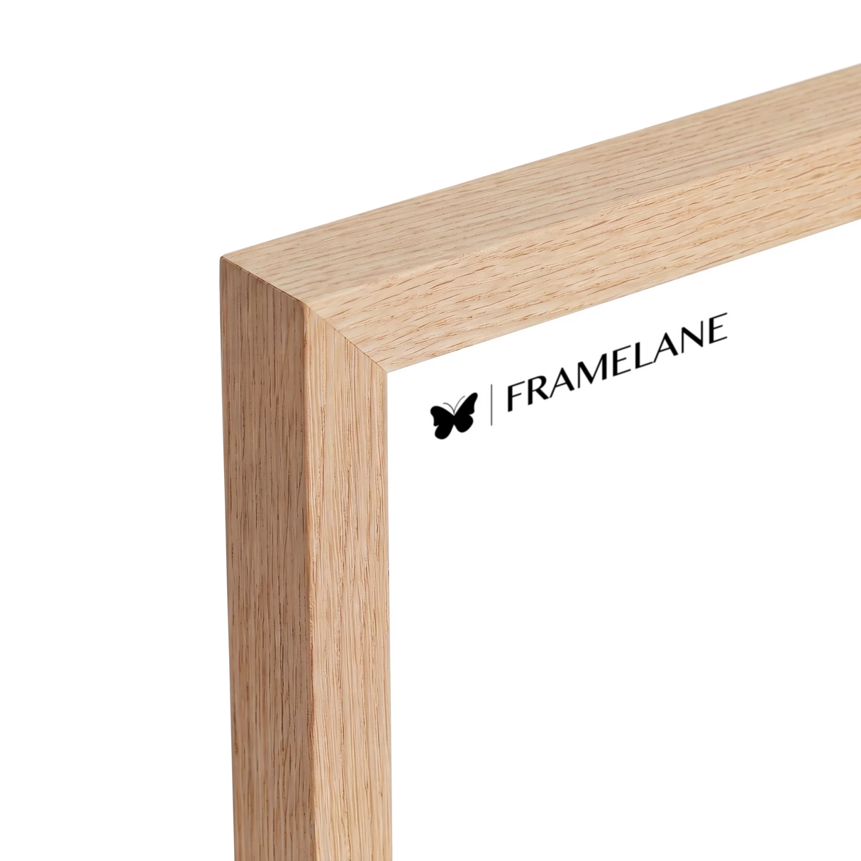 Natural oak frame corner detail showing solid wood grain