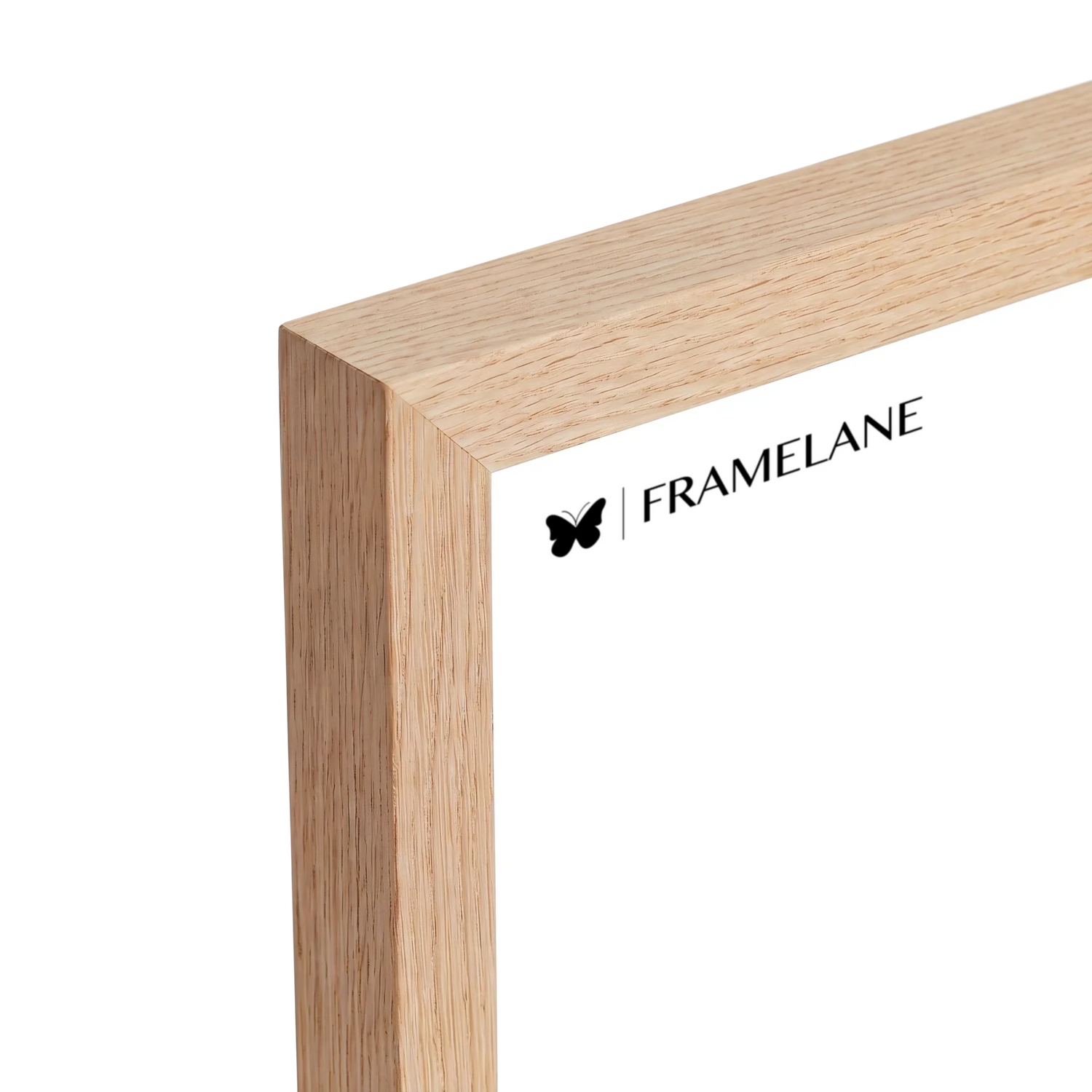 Natural oak frame corner detail showing solid wood grain