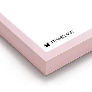Pink frame corner detail showing painted solid wood finish