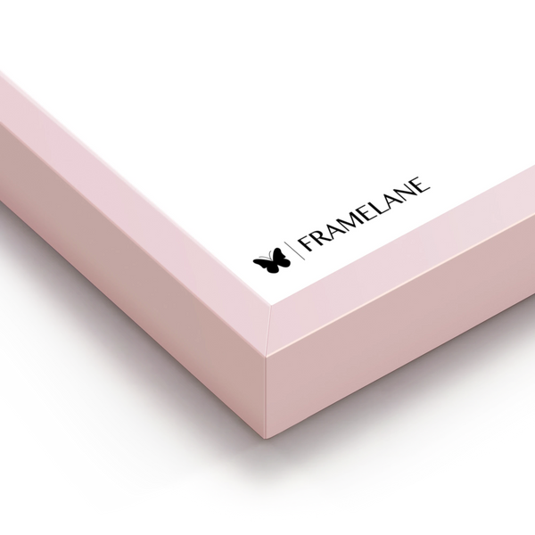 Pink frame corner detail showing painted solid wood finish