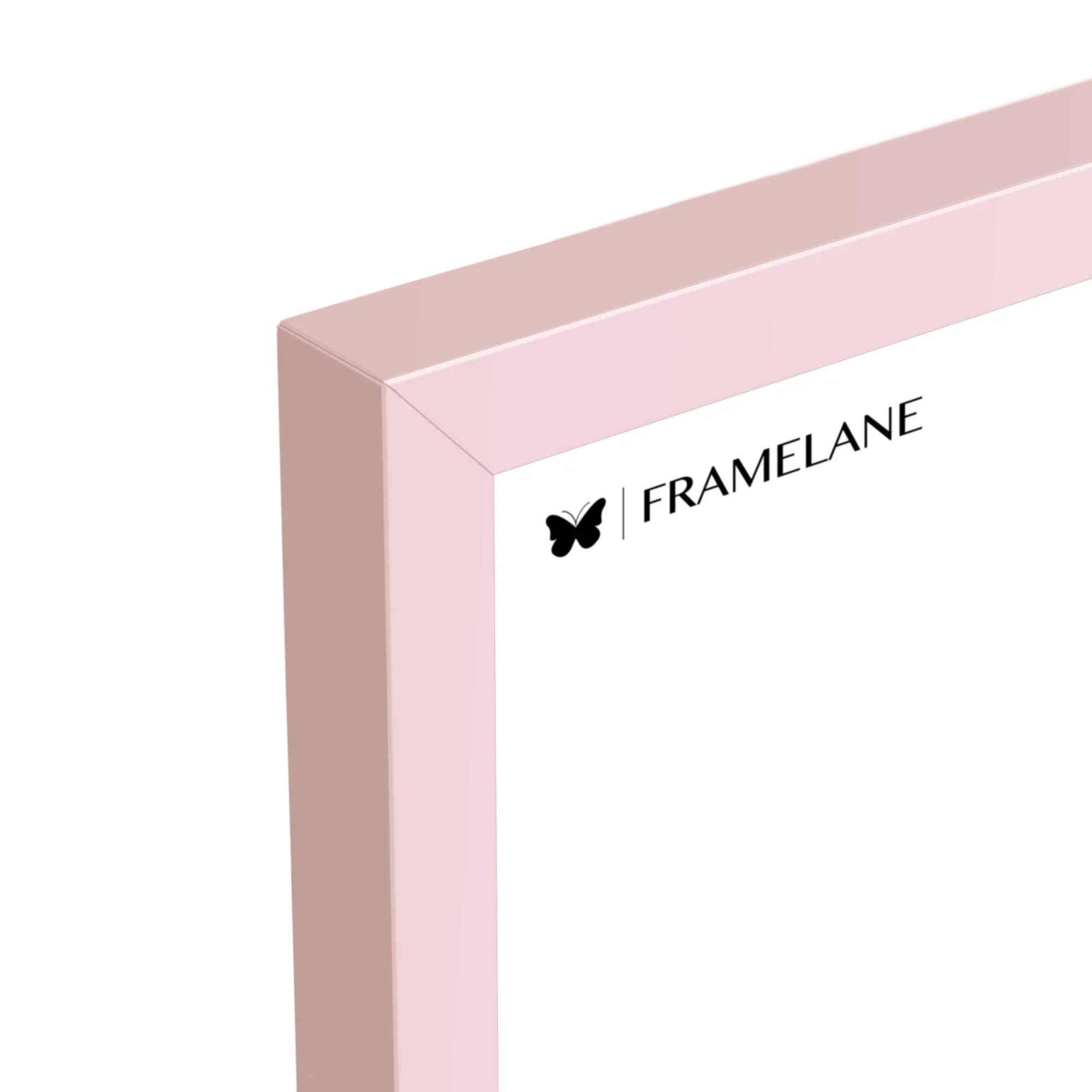Pink frame corner detail showing painted solid wood finish